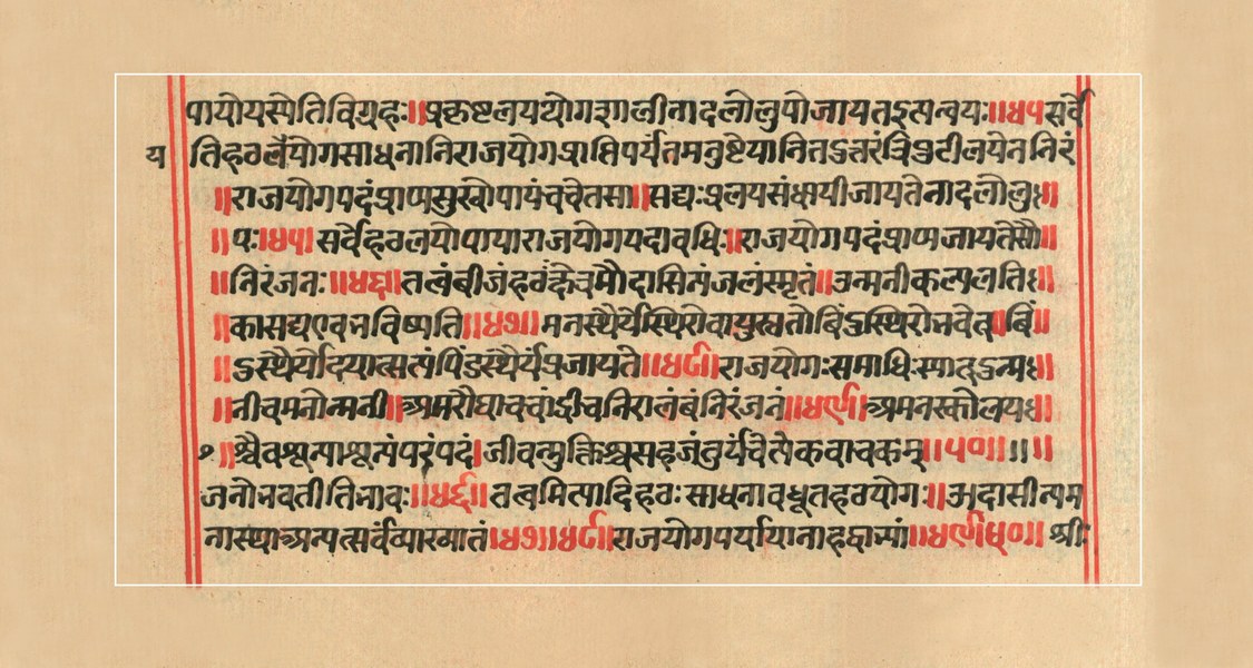 Der Grundtext des Yoga erschließt sich nur dem Sanskritkundigen: Ende des 8. Kapitels der Haṭhapradīpikā mit Kommentar. Foto: Haṭha-Yoga-Projekt