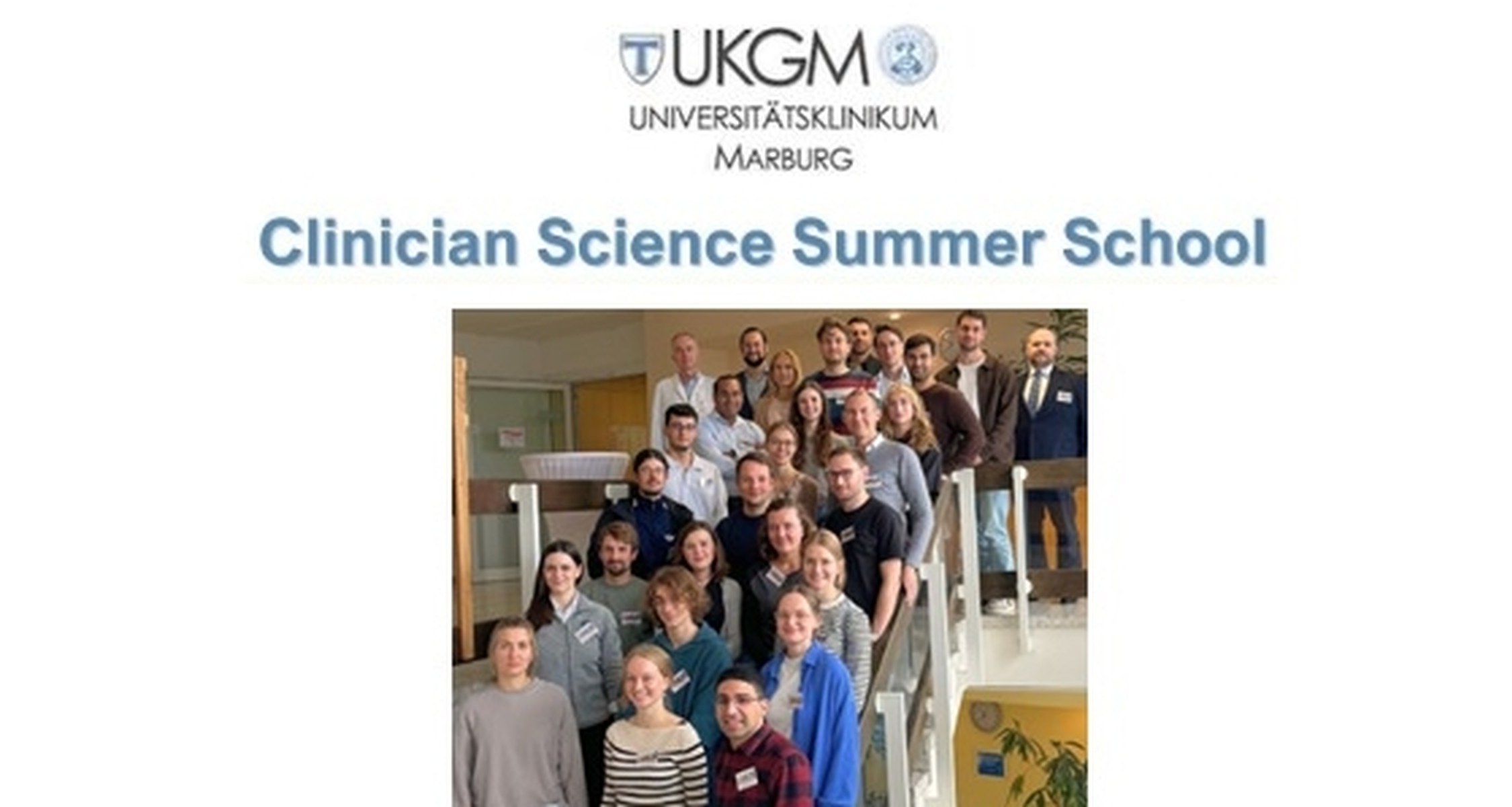 Save the Date: Die 2. Clinician Science Summer School wird voraussichtlich vom 24.09.   bis 27.09.2025 stattfinden. Für weitere Informationen senden Sie bitte eine E-Mail an:  Sekretariat Lisa Schick <Lisa.Schick@uk-gm.de>

Das Video zeigt Eindrücke von unserer 1. Clinician Science Summer School Marburg, die von der UKPP Marburg in Kooperation mit der Generation PSY der DGPPN, der DGBP und DÄVT organisiert wurde.