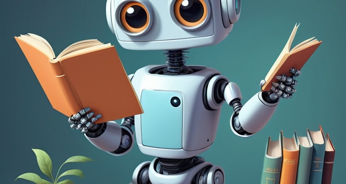 Einen kleiner Roboter, der zwei Bücher hält.