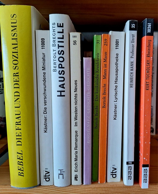 Bücher im Regal von Bebel, Kästner, Brecht, Remarque, Ringelnatz, Heinrich Mann und Tucholsky. Alle genannten Autoren standen auf der schwarzen Liste für die Bücherverbrennungen.