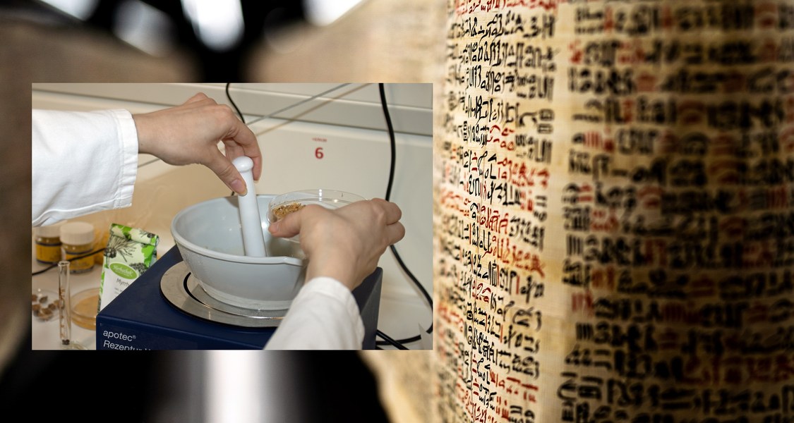 Collage aus dem Papyrus Ebers und Laborarbeiten
