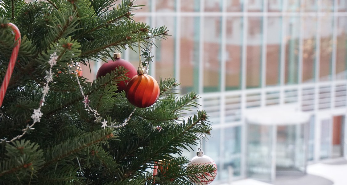 Detailaufnahme geschmückter Weihnachtsbaum vor der Glasfassade der UB