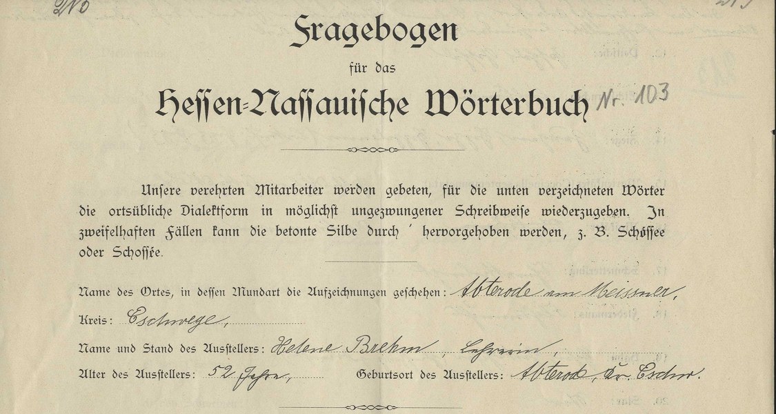 Page from a survey for the Hesse-Nassau Dialect Dictionary